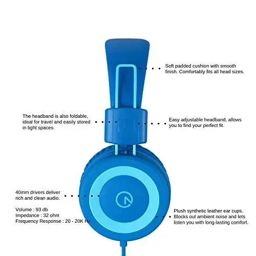 noot products Kids Headphones K11 Foldable Stereo Tangle-Free 5ft Long Cord 3.5mm Jack Plug in Wired On-Ear Headset for iPad/Amazon Kindle,Fire/Boy/Girl/School/Laptop/Tablet(Skyline Blue) - 2