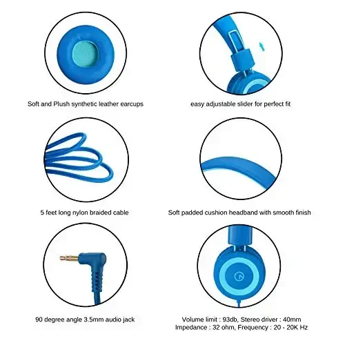 noot products Kids Headphones K11 Foldable Stereo Tangle-Free 5ft Long Cord 3.5mm Jack Plug in Wired On-Ear Headset for iPad/Amazon Kindle,Fire/Boy/Girl/School/Laptop/Tablet(Skyline Blue) - 3