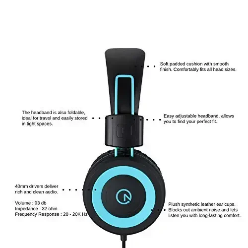 noot products Kids Headphones K11 Foldable Stereo Tangle-Free 5ft Long Cord 3.5mm Jack Plug in Wired On-Ear Headset for iPad/Amazon Kindle,Fire/Boys/Girls/School/Laptop/Travel/Plane/Tablet (Black) - 3