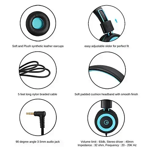 noot products Kids Headphones K11 Foldable Stereo Tangle-Free 5ft Long Cord 3.5mm Jack Plug in Wired On-Ear Headset for iPad/Amazon Kindle,Fire/Boys/Girls/School/Laptop/Travel/Plane/Tablet (Black) - 4