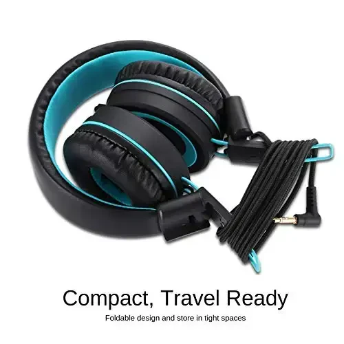 noot products Kids Headphones K11 Foldable Stereo Tangle-Free 5ft Long Cord 3.5mm Jack Plug in Wired On-Ear Headset for iPad/Amazon Kindle,Fire/Boys/Girls/School/Laptop/Travel/Plane/Tablet (Black) - 5