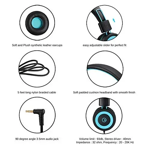 noot products Kids Headphones K11 Foldable Stereo Tangle-Free 5ft Long Cord 3.5mm Jack Plug in Wired On-Ear Headset for iPad/Amazon Kindle,Fire/Boys/Girls/School/Laptop/Travel/Plane/Tablet (Black) - 4