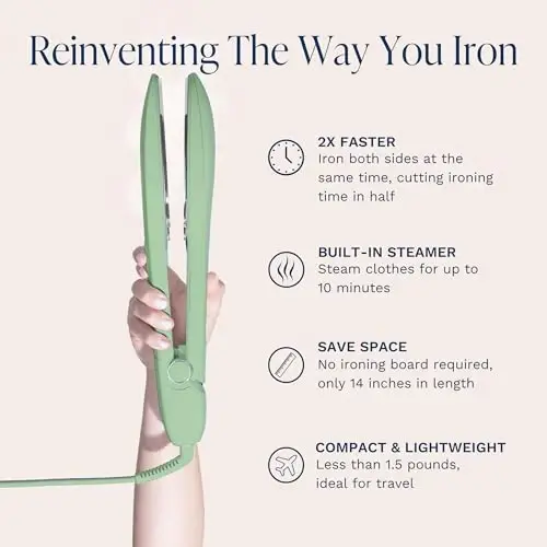 Nori Press Travel Steam Iron - Handheld Iron With Optional Steam Feature - No Ironing Board Required - Easy to Use w/ 6 Fabric Settings - Removes Wrinkles - User Manual Included - Green - 3