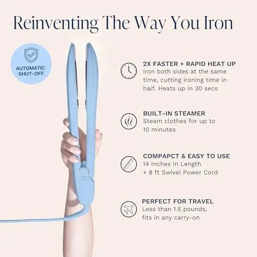 Nori Press Travel Steam Iron - Handheld Iron With Optional Steam Feature - No Ironing Board Required - Easy to Use w/ 6 Fabric Settings - Removes Wrinkles - User Manual Included -Blue - 2