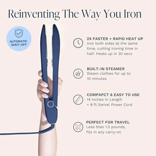 Nori Press Travel Steam Iron - Handheld Iron With Optional Steam Feature - No Ironing Board Required - Easy to Use w/ 6 Fabric Settings - Removes Wrinkles - User Manual Included - Navy - 1