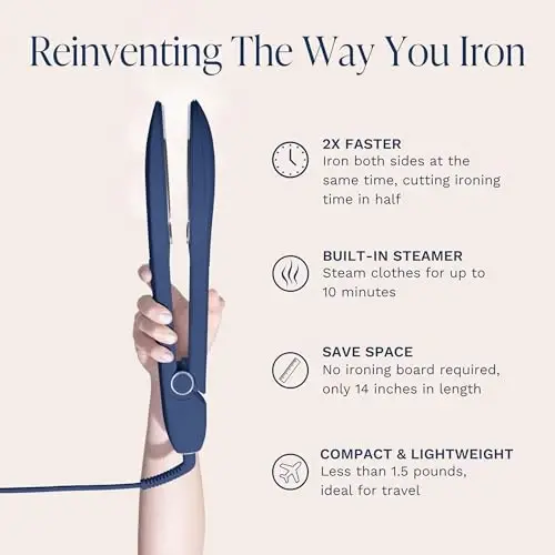 Nori Press Travel Steam Iron - Qo'lda ishlatiladigan dazmol, bug'lash funksiyasi bilan - Dazmol taxtasi kerak emas - 6 xil mato sozlamalari bilan ishlatish oson - Ajinlarni yo'q qiladi - Foydalanuvchi qo'llanmasi ichida - To'q ko'k - 3