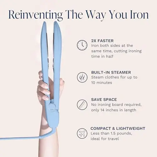 Nori Press Travel Steam Iron - Qo'lda ishlatiladigan dazmol, bug'lash funksiyasi bilan - Dazmol taxtasi kerak emas - 6 xil mato sozlamalari bilan ishlatish oson - Ajinlarni yo'qotadi - Foydalanuvchi qo'llanmasi bilan birga - Moviy - 3