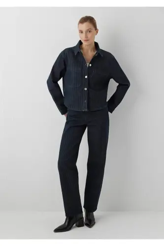 Norina Denim Studio Çizgili Rinse Jean Gömlek Crop / Kısa Kesim 1210779-A7441 - Lacivert - Mavi (1)