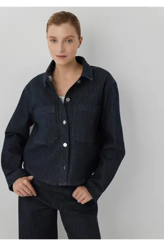 Norina Denim Studio Çizgili Rinse Jean Gömlek Crop / Kısa Kesim 1210779-A7441 - Lacivert - 3