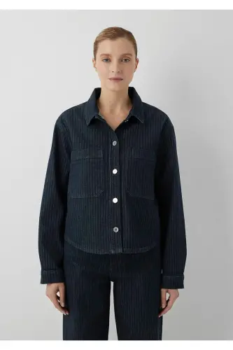 Norina Denim Studio Çizgili Rinse Jean Gömlek Crop / Kısa Kesim 1210779-A7441 - Lacivert - 4