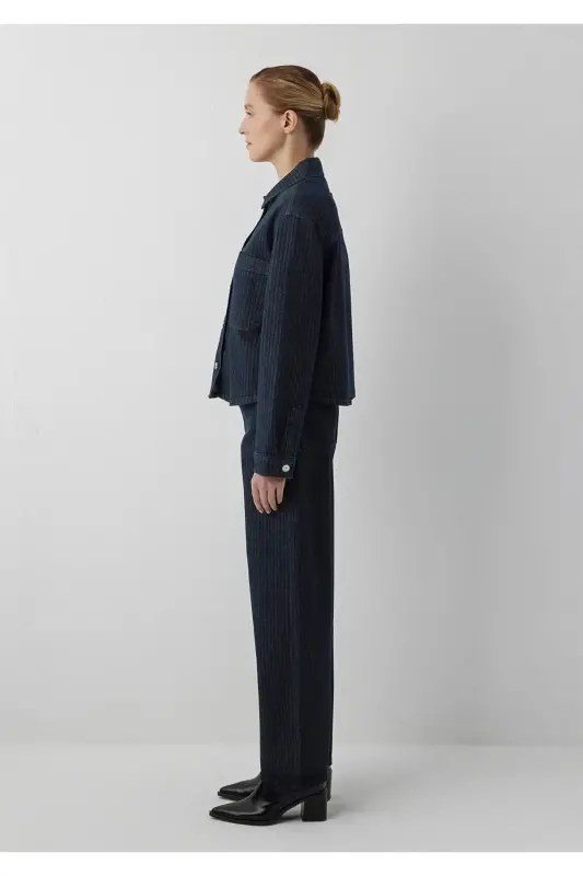 Norina Denim Studio Çizgili Rinse Jean Gömlek Crop / Kısa Kesim 1210779-A7441 - Lacivert - 5