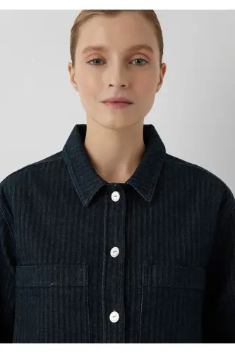 Norina Denim Studio Çizgili Rinse Jean Gömlek Crop / Kısa Kesim 1210779-A7441 - Lacivert - 7