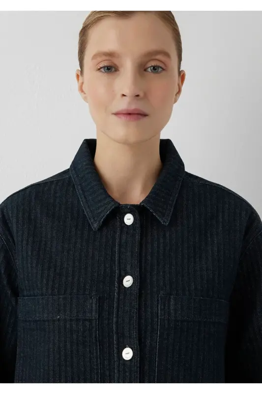 Norina Denim Studio Çizgili Rinse Jean Gömlek Crop / Kısa Kesim 1210779-A7441 - Lacivert - 7