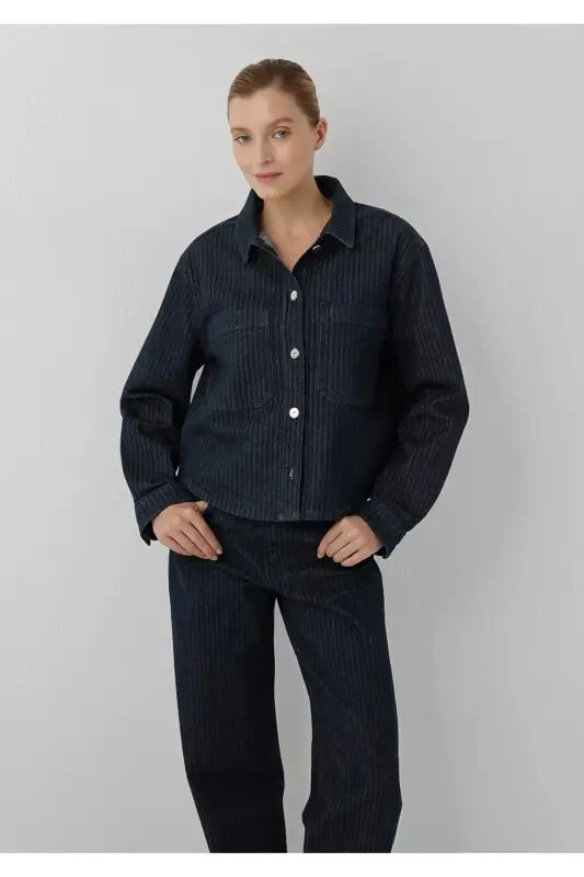 Norina Denim Studio Çizgili Rinse Jean Gömlek Crop / Kısa Kesim 1210779-A7441 - Lacivert - Mavi