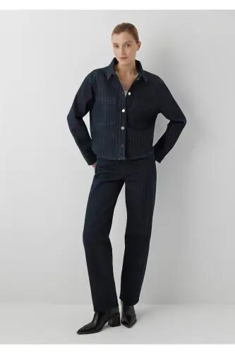 Norina Denim Studio Çizgili Rinse Jean Gömlek Crop / Kısa Kesim 1210779-A7441 - Lacivert - Mavi (1)