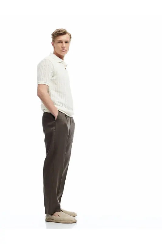Normal Bel Bol Kalıp Pileli Keten Chino Pantolon - Kahve - 2