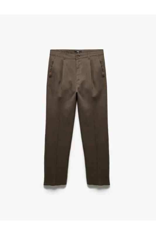 Normal Bel Bol Kalıp Pileli Keten Chino Pantolon - Kahve - 4