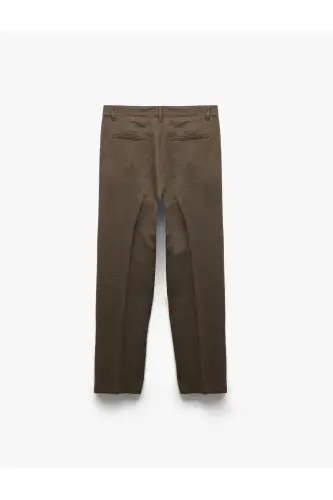 Normal Bel Bol Kalıp Pileli Keten Chino Pantolon - Kahve - 5