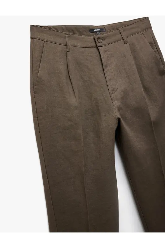 Normal Bel Bol Kalıp Pileli Keten Chino Pantolon - Kahve - 6