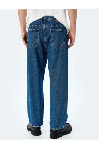 Normal Bel Pamuklu Bol Baggy Jean Pantolon-İndigo - 4