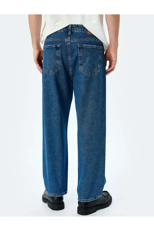 Normal Bel Pamuklu Bol Baggy Jean Pantolon-İndigo - 4