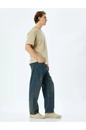 Normal Bel Pamuklu Bol Baggy Jean Pantolon-Petrol - KOTON (1)