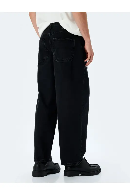 Normal Bel Pamuklu Chino Cep Detaylı Loose Fit Jean Pantolon - Siyah - 4