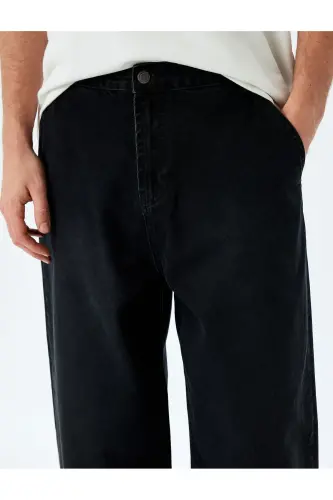 Normal Bel Pamuklu Chino Cep Detaylı Loose Fit Jean Pantolon - Siyah - 5