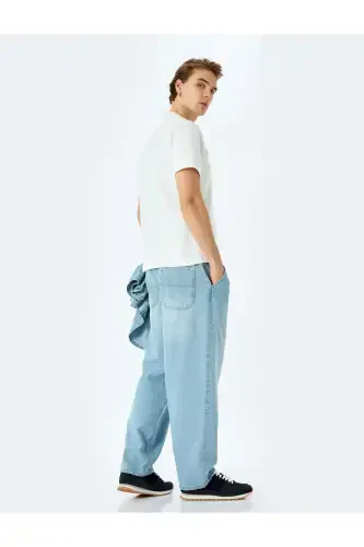 Normal Bel Pamuklu Chino Cep Detaylı Loose Fit Jean Pantolon-Açık İndigo - 2