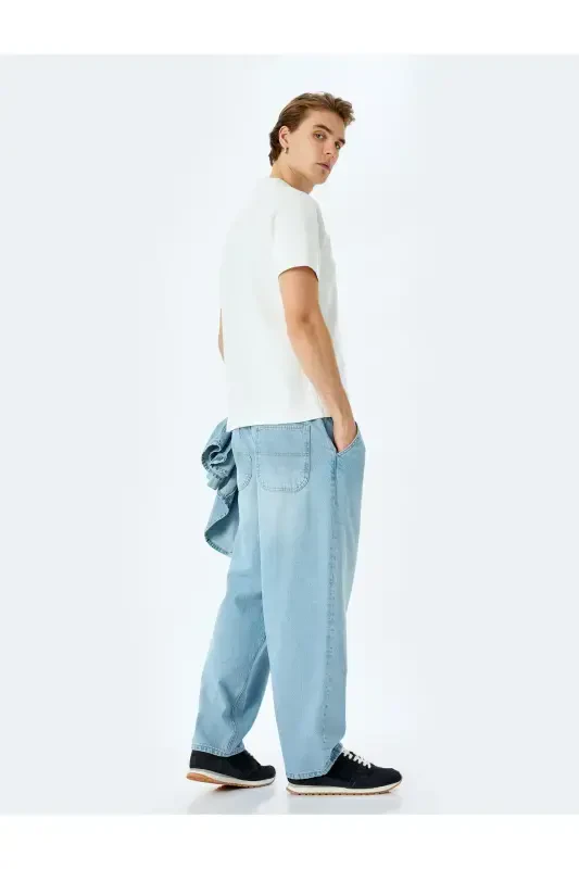 Normal Bel Pamuklu Chino Cep Detaylı Loose Fit Jean Pantolon-Açık İndigo - 2