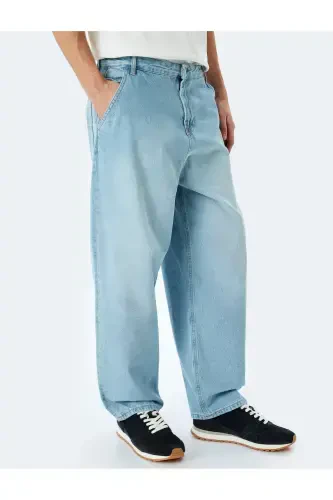 Normal Bel Pamuklu Chino Cep Detaylı Loose Fit Jean Pantolon-Açık İndigo - 3