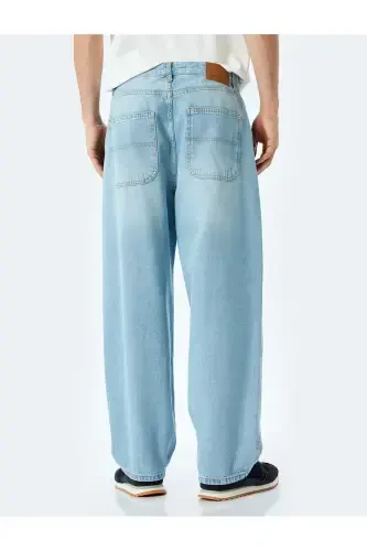 Normal Bel Pamuklu Chino Cep Detaylı Loose Fit Jean Pantolon-Açık İndigo - 4