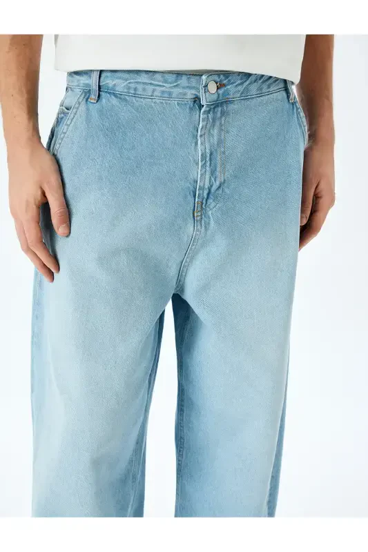 Normal Bel Pamuklu Chino Cep Detaylı Loose Fit Jean Pantolon-Açık İndigo - 5