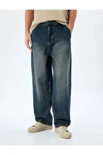 Normal Bel Pamuklu Chino Cep Detaylı Loose Fit Jean Pantolon-Petrol - 3