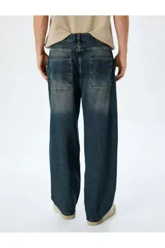 Normal Bel Pamuklu Chino Cep Detaylı Loose Fit Jean Pantolon-Petrol - 4