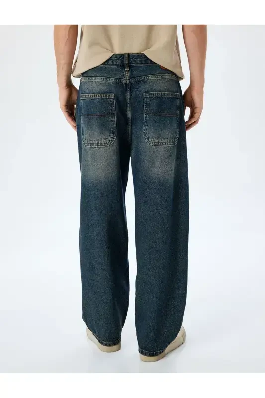 Normal Bel Pamuklu Chino Cep Detaylı Loose Fit Jean Pantolon-Petrol - 4