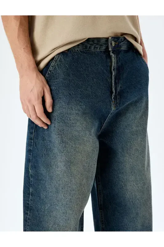 Normal Bel Pamuklu Chino Cep Detaylı Loose Fit Jean Pantolon-Petrol - 5