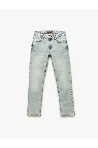 Normal Bel Pamuklu Düğmeli Straight Fit Jean Pantolon - Mark Jean - Açık İndigo - 4