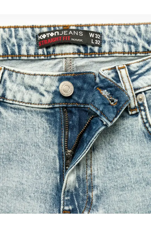 Normal Bel Pamuklu Düğmeli Straight Fit Jean Pantolon - Mark Jean - Açık İndigo - 6