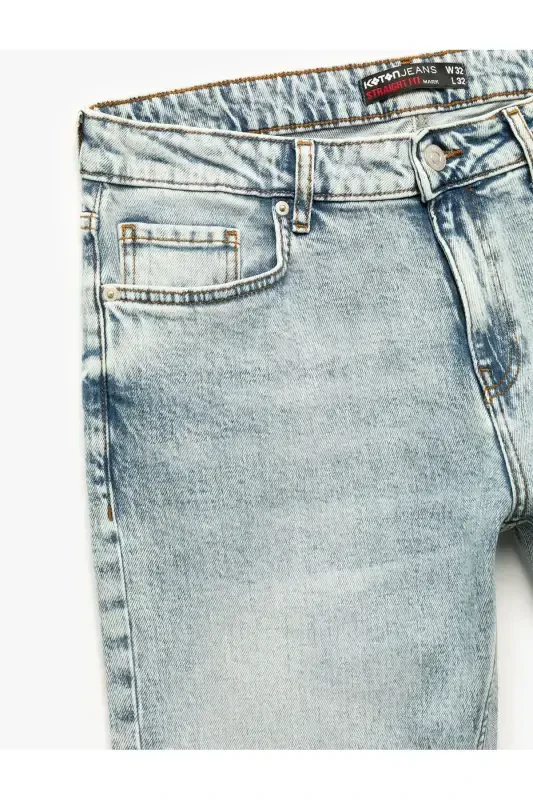 Normal Bel Pamuklu Düğmeli Straight Fit Jean Panto - 3