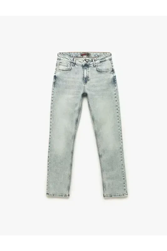 Normal Bel Pamuklu Düğmeli Straight Fit Jean Panto - 4