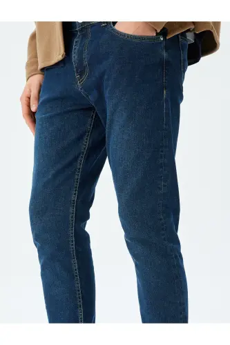 Normal Bel Pamuklu Slim Fit Jean Pantolon - Brad Jean-Koyu İndigo - 5