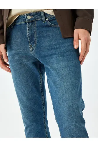 Normal Bel Pamuklu Slim Fit Jean Pantolon - Brad Jean-Orta İndigo - 5