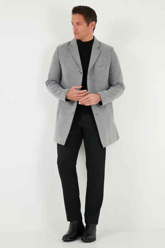 Normal Kalıp Tek Yırtmaçlı Düğmeli Mono Yaka Kaşe Kaban Erkek KABAN 5840098-GRİ - 2