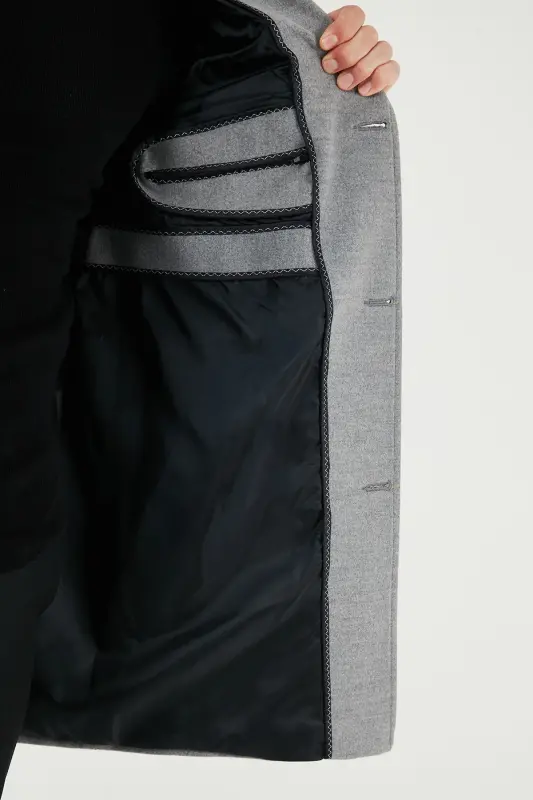 Normal Kalıp Tek Yırtmaçlı Düğmeli Mono Yaka Kaşe Kaban Erkek KABAN 5840098-GRİ - 6