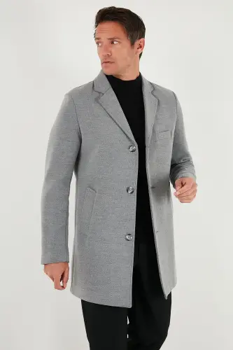 Normal Kalıp Tek Yırtmaçlı Düğmeli Mono Yaka Kaşe Kaban Erkek KABAN 5840098-GRİ - 3