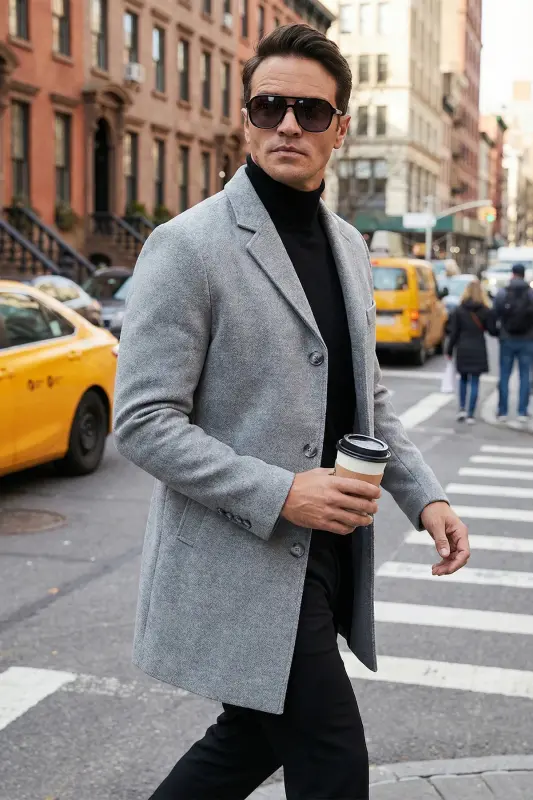 Normal Kalıp Tek Yırtmaçlı Düğmeli Mono Yaka Kaşe Kaban Erkek KABAN 5840098-GRİ - BURATTI