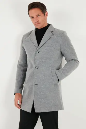 Normal Kalıp Tek Yırtmaçlı Düğmeli Mono Yaka Kaşe Kaban Erkek KABAN 5840098-GRİ - 4