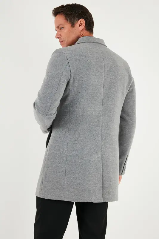 Normal Kalıp Tek Yırtmaçlı Düğmeli Mono Yaka Kaşe Kaban Erkek KABAN 5840098-GRİ - 7