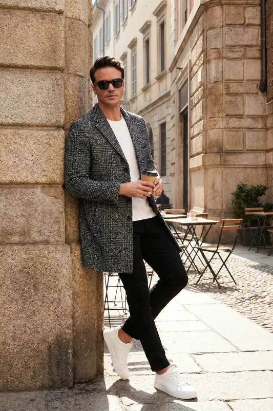 Normal Kalıp Tek Yırtmaçlı Düğmeli Mono Yaka Kaşe Kaban Erkek KABAN 5840098-Siyah Ekoseli - 1